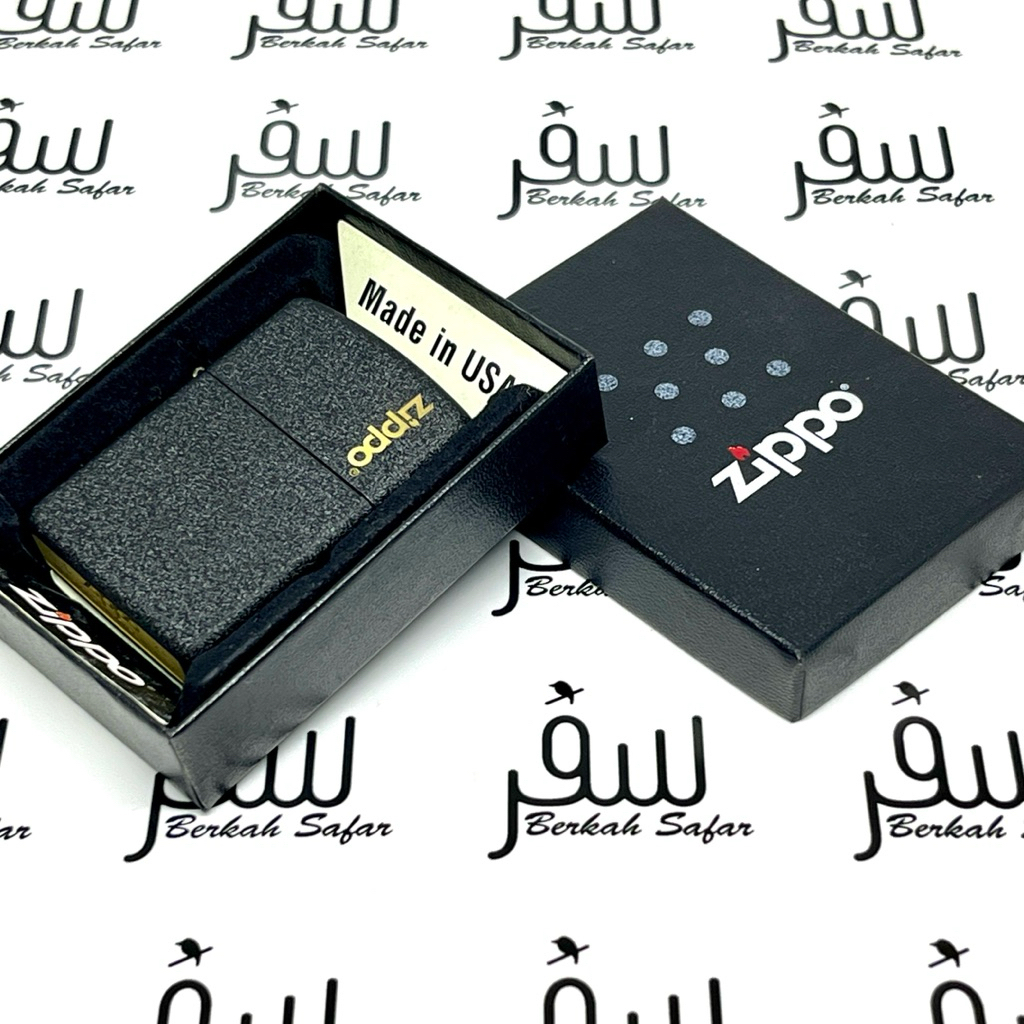 Zippo Hitam Matte Black Crackle Finished Gold Top Logo Original