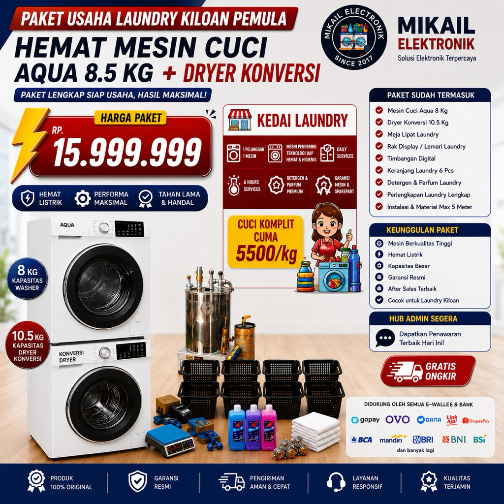 PAKET USAHA LAUNDRY KILOAN MESIN CUCI AQUA 8.5 KG MURAH LENGKAP