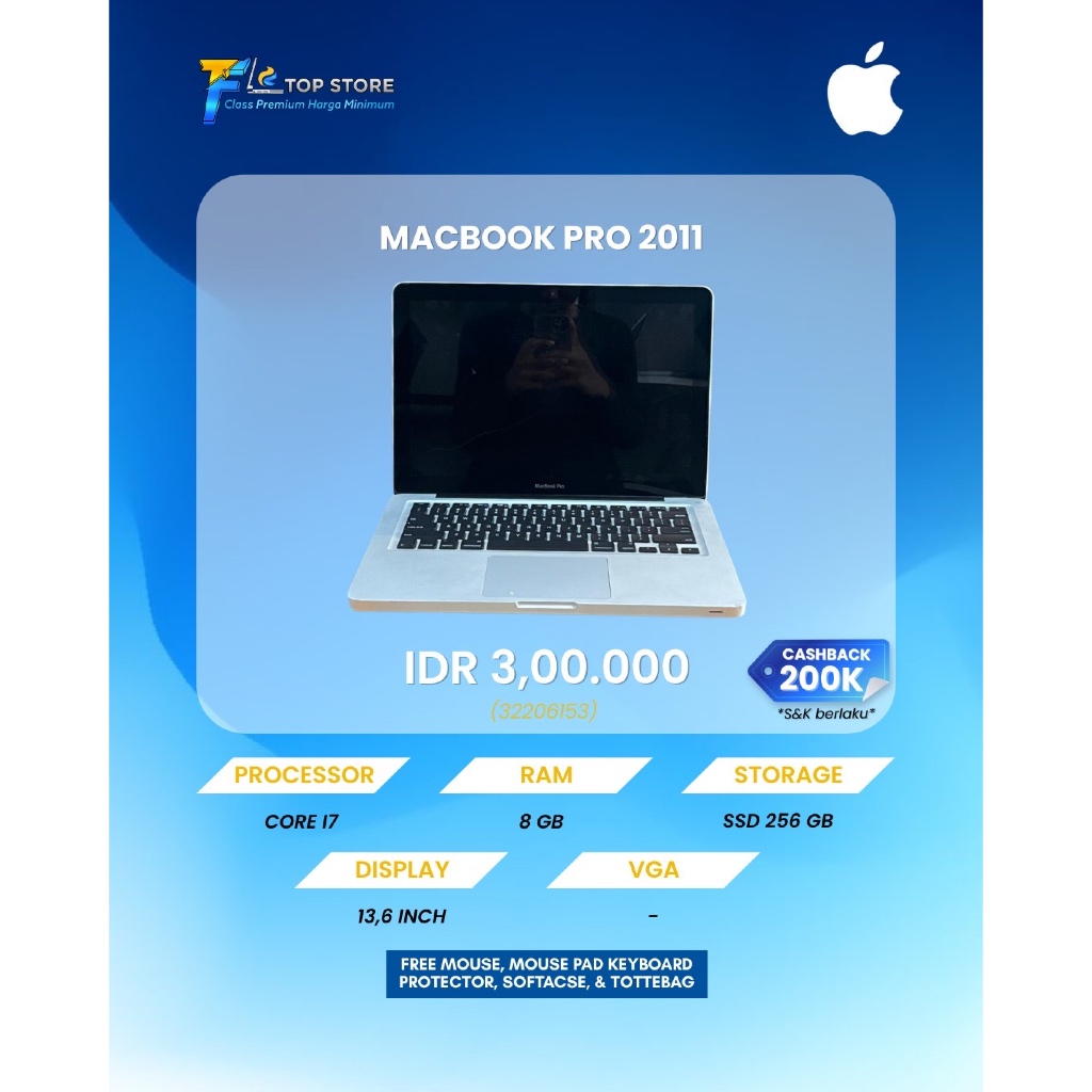 LAPTOP MACBOOK PRO 2011 core i7 RAM 8GB SSD 128GB | MINUS LCD BERCAK