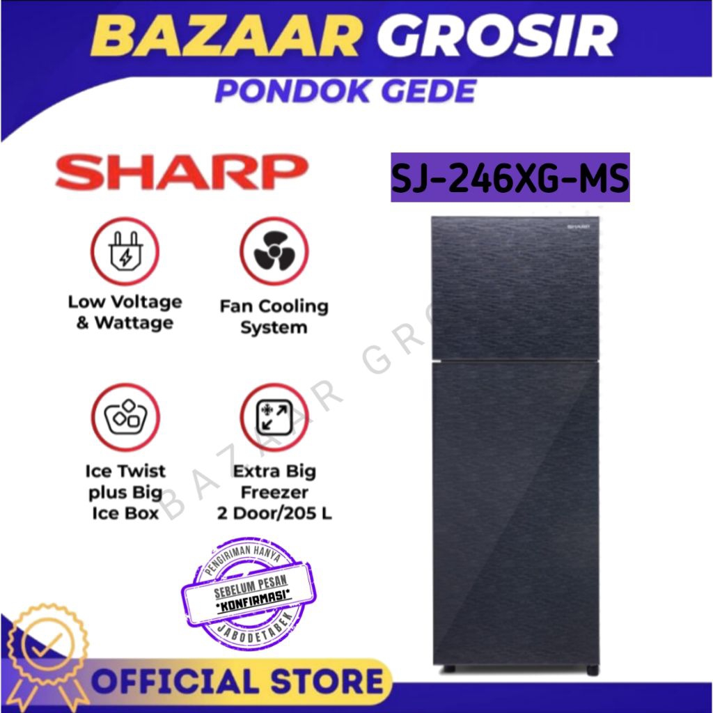 KULKAS 2 PINTU SHARP SJ-246XG-MS / SJ 246XG MS / SJ246XGMS _ ELEGAN DENGAN TEMPERED GLASS DOOR & HEM