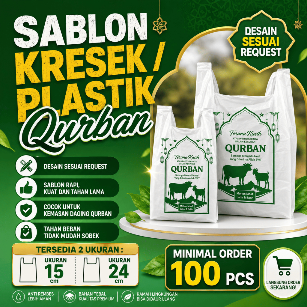 SABLON PLASTIK QURBAN CUSTOM, KRESEK QURBAN, KANTONG PLASTIK DAGING QURBAN, SABLON 1 WARNA