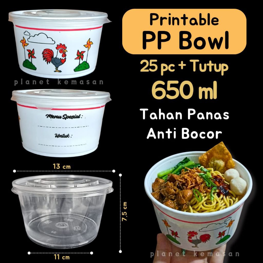 [Isi 25pc + Tutup] Mangkok Plastik Ayam Jago 650ml / Plastik PP Mangkok Motif Polos 650ml Ayam Jago 