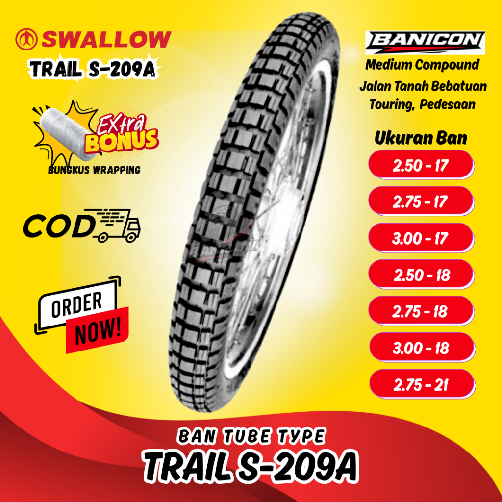 Ban Motor Swallow Trail S-209A Ring 17 18 21 Ban Tahu Tube Type Depan Belakang 2.50 2.75 3.00 Nontub