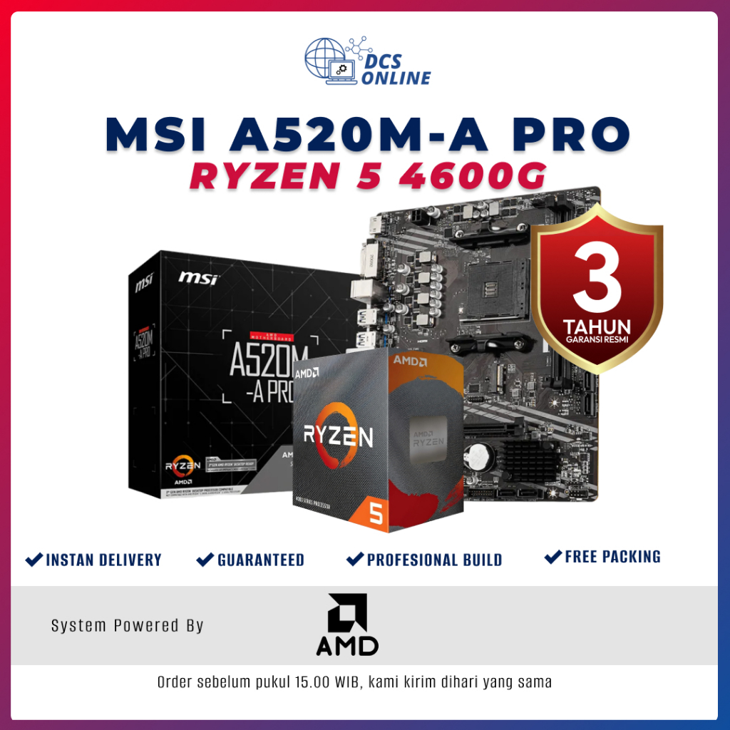 Paket Mobo Motherboard MSI A520M - A Pro + Ryzen 5 4600G AMD Socket AM4 DDR4 - Baru Bergaransi 3 TAH