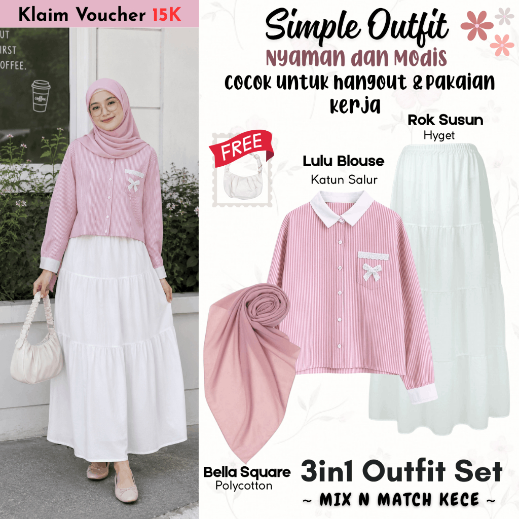 Setelan Wanita Kekinian (Lulu Blouse + Rok Susun Clara + Hijab) Outfit Pinterest Aesthetic | SLR021