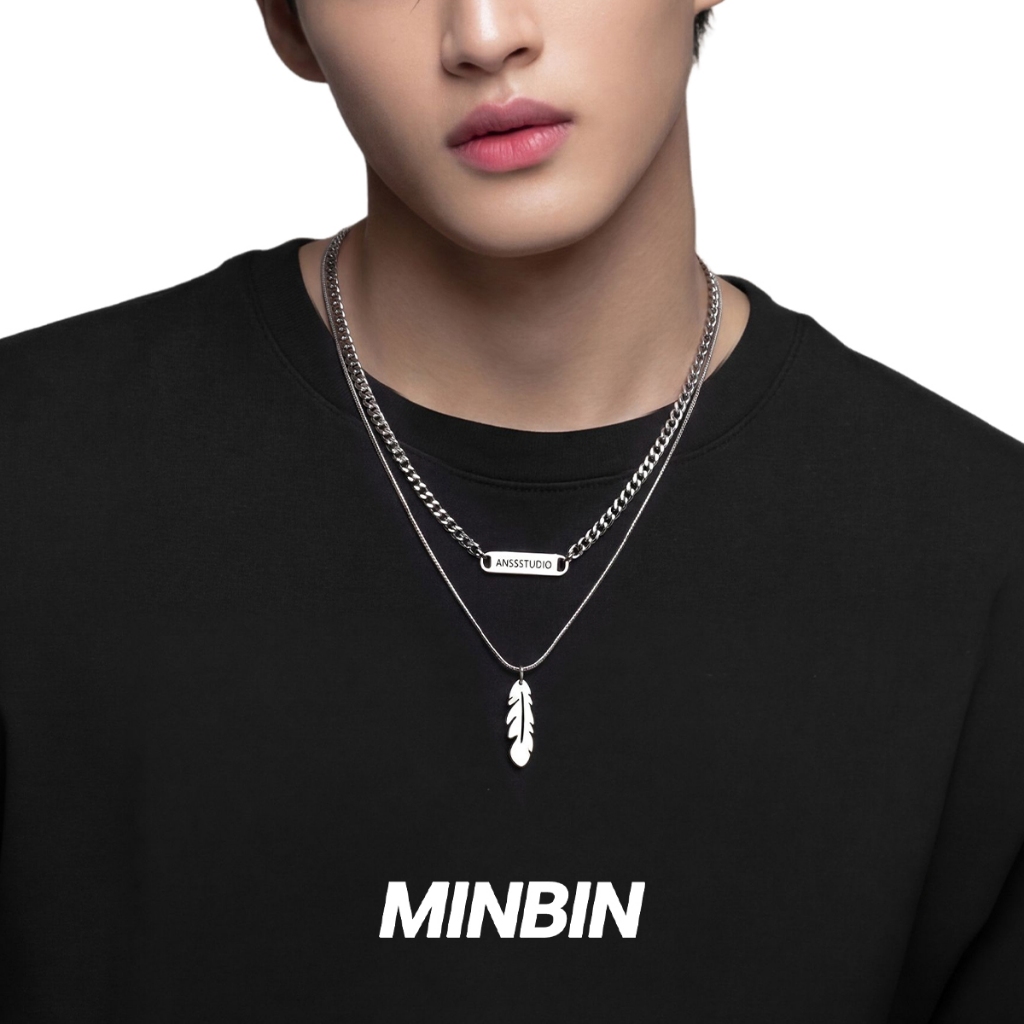 MINBIN Kalung Pria Titanium Liontin Bulu Burung Rantai Ganda Anti Alergi Anti Karat Keren Trendi