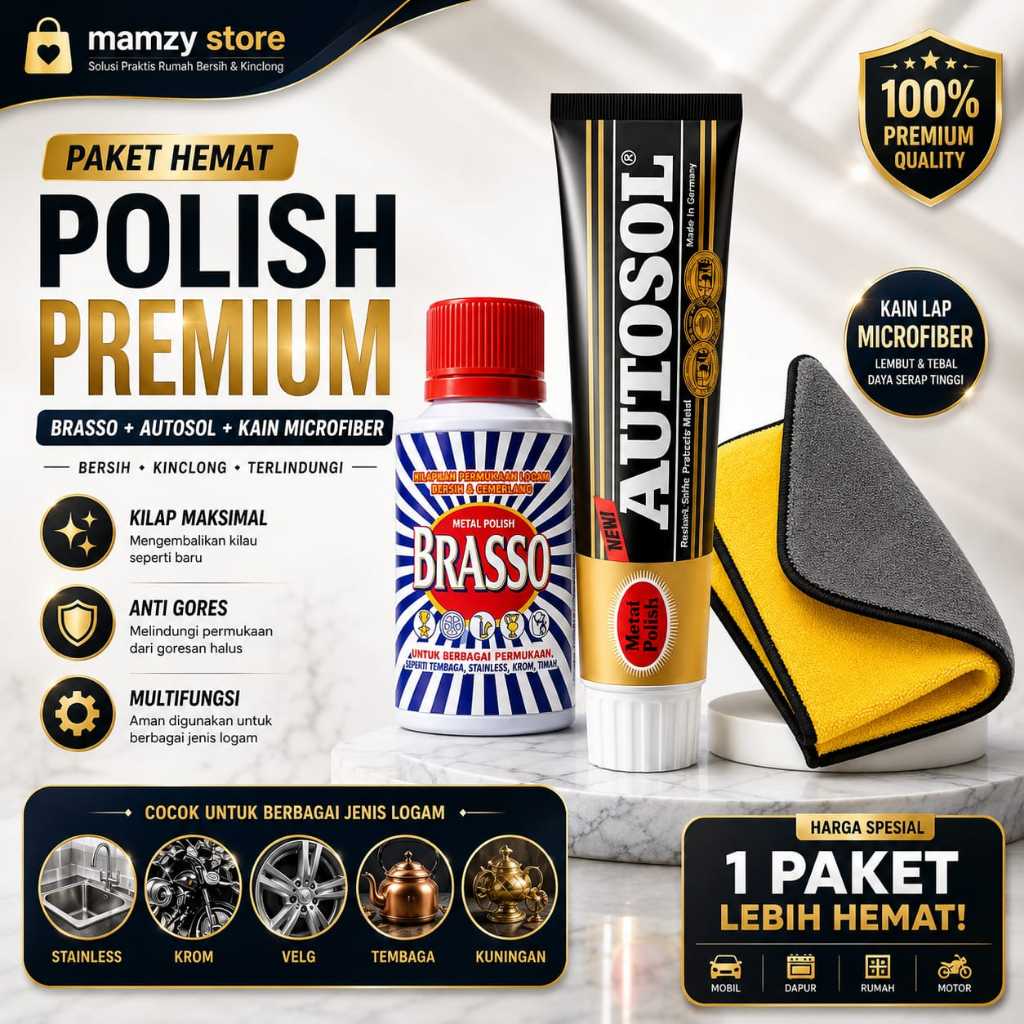 Paket Polish 3 in 1 Brasso Autosol Metal Polish Kain lap Microfiber