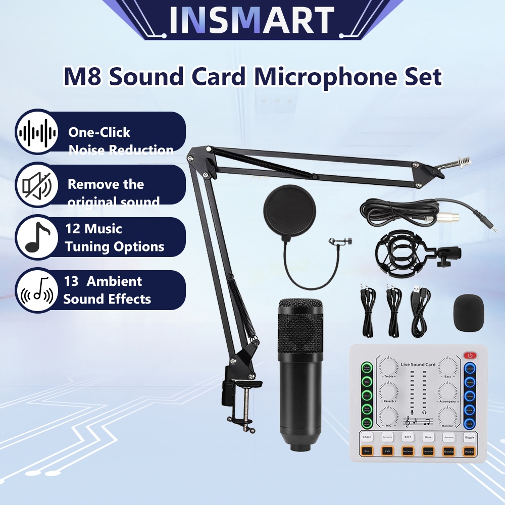 INSMART M8 Peralatan Streaming Langsung Kit Mikrofon Kit Kartu Suara  Bluetooth 12 Opsi Penyetelan M