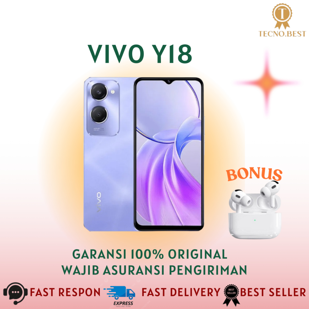 PROMO Vivo y18 Ram 8/128gb lengkap segel garansi 1 tahun bonus tws