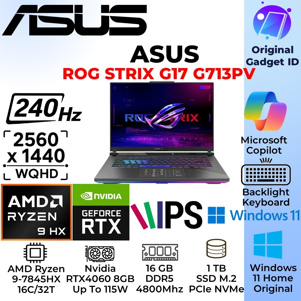 Asus ROG Strix G17 G713PV | AMD Ryzen 9 7845HX  | RTX 4060 8GB | 16GB Ram | 1TB SSD | Windows 11 Hom