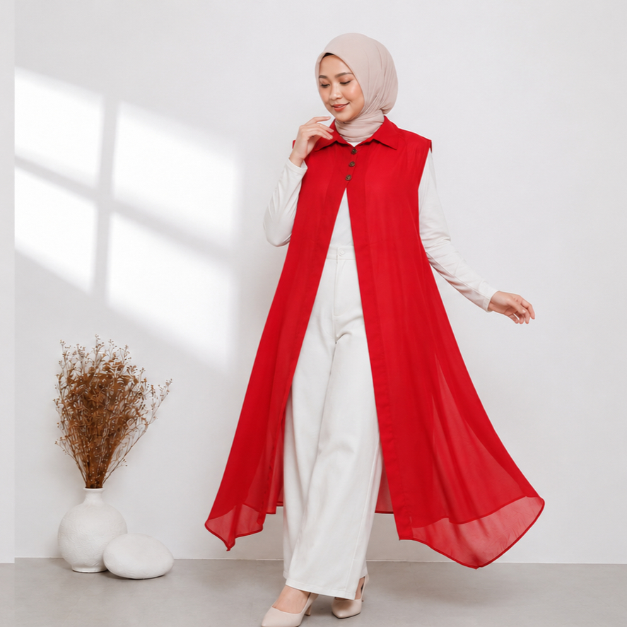 HGM Outer Kardigan Merah Cabe Tanpa Lengan Spesial Agustusan Bahan Ceruty Babydoll Premium