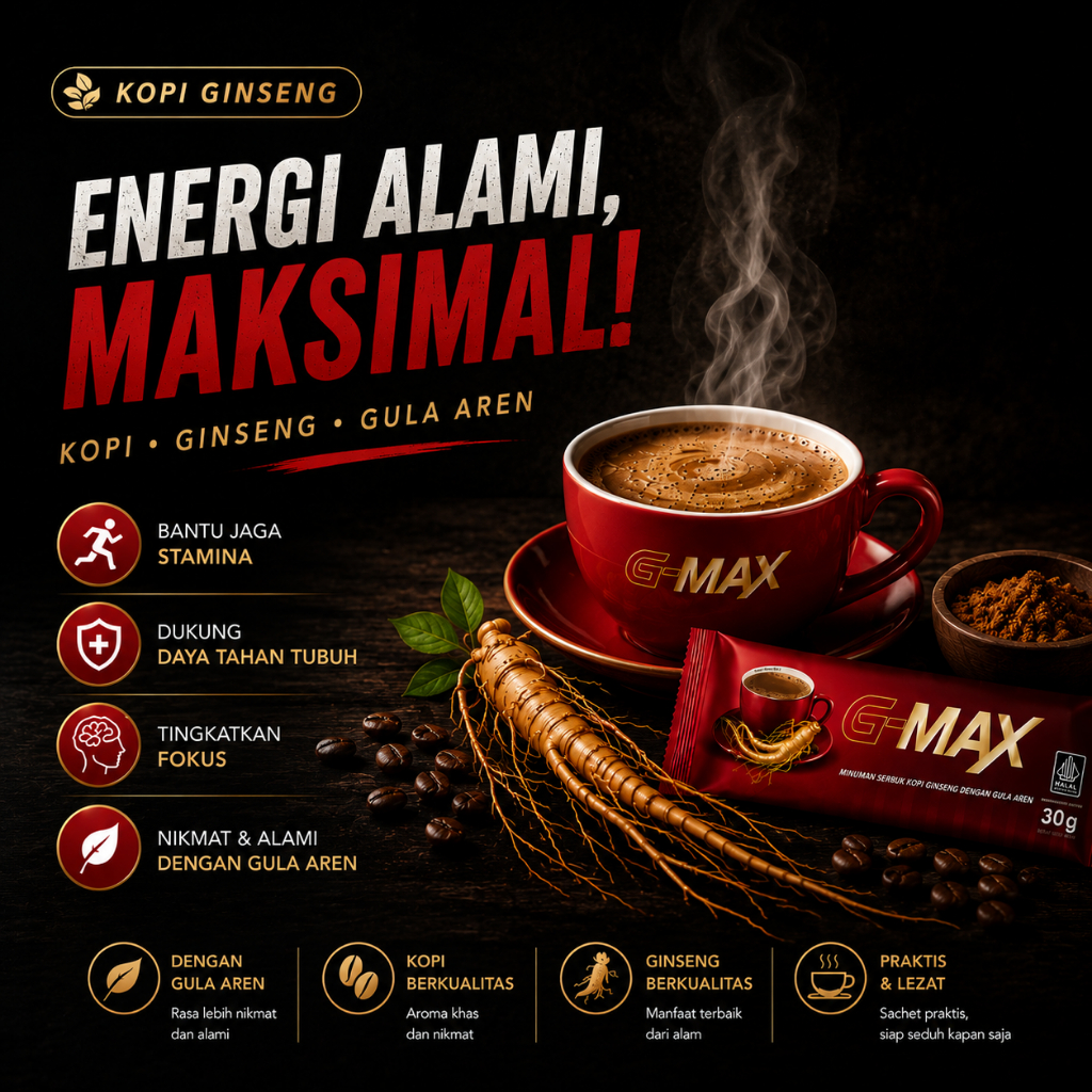 Kopi Ginseng G-MAX 3 Sachet - Menambah Energi dan Stamina Pria, Menggunakan Ginseng dan Gula Aren
