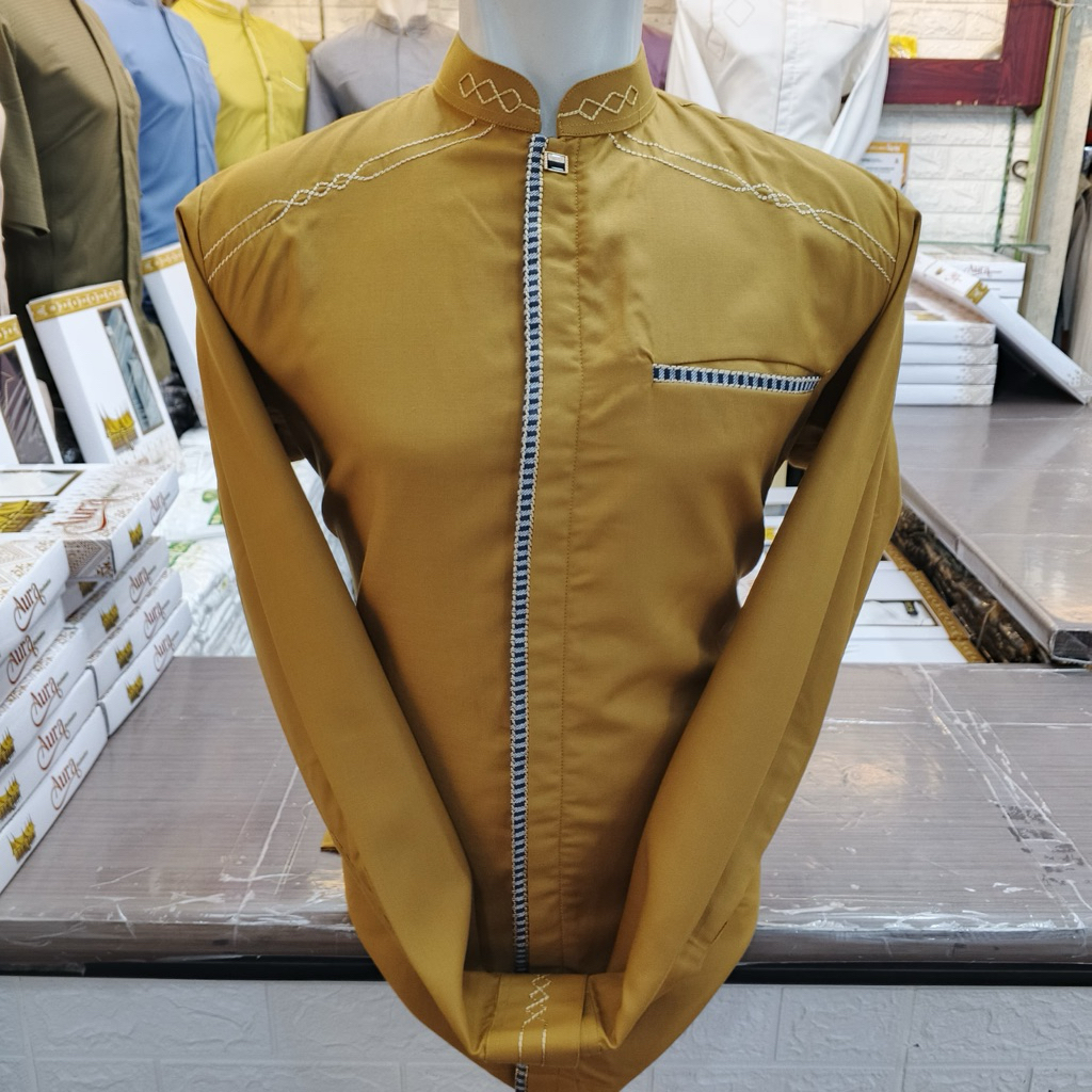 Baju koko premium lengan panjang warna kuning bahan katun toyobo lapis trikod wafel