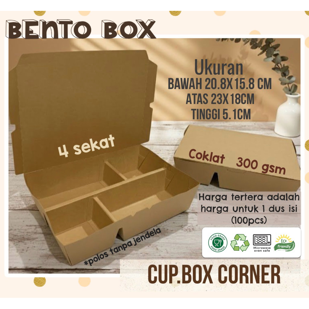 foodgrade lunch box/bento box kotak makanan coklat/kraft polos sekat 4