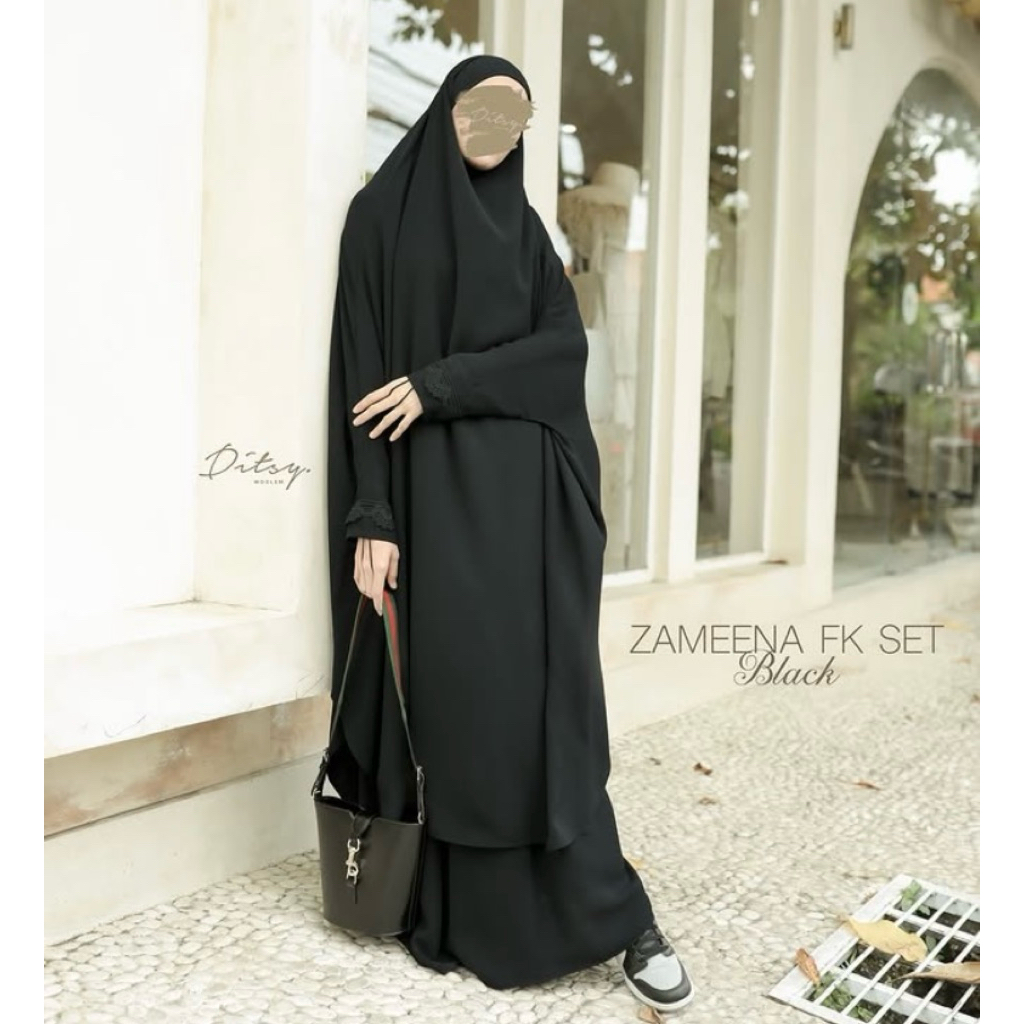 Preloved Ditsy Moslem Zameena FK Set Bahan Mazen Warna Hitam