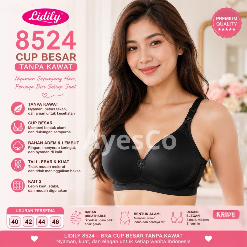 Bra Lidily Sily Soft 8524 Cup Besar / Bh Jupe Lidily / Bra Cup C Tanpa Kawat Busa Tipis Kait 3 Jumbo