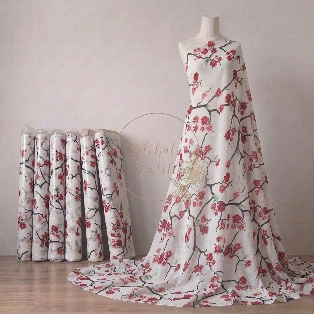 kain ceruty yoryu motif bunga sakura premium - warna bw - kain sifon yoryu - kain mid yoryu premium 