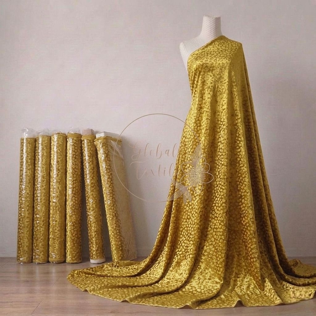 kain satin silk jaguard embos - kain satin jaguard embos motif leopard - warna gold terviral rd