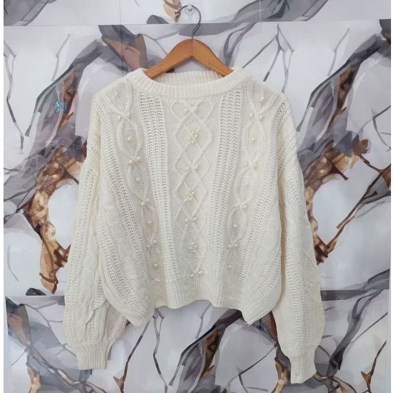 ROPE PICNIC SWEATER RAJUT FULL KEPANG LENGAN BALON MIX MUTIARA