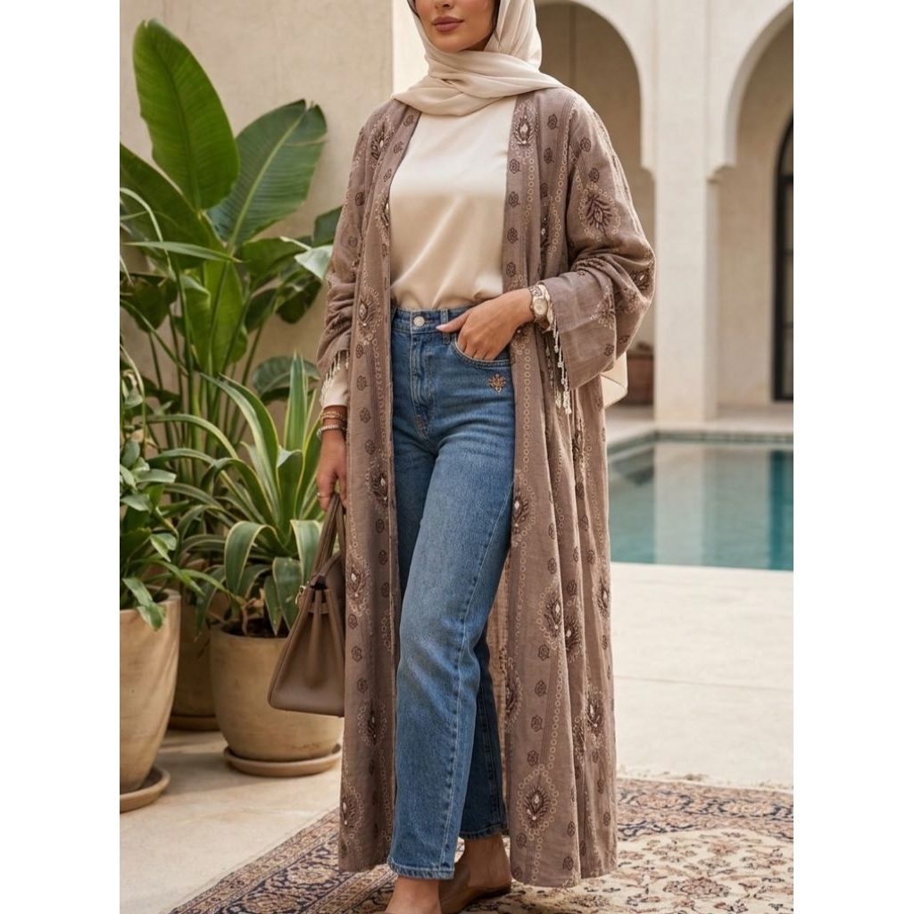 OUTER ABAYA TURKI WARNA MOCCA BRAND WEARING ABAYA