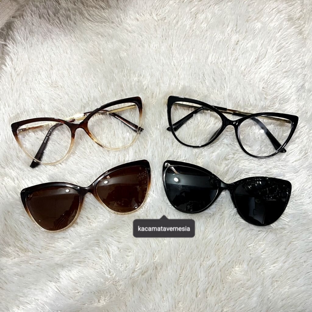 Frame Kacamata Klip On Polarized Minus Wanita Model Cat Eye Vernesia 95658