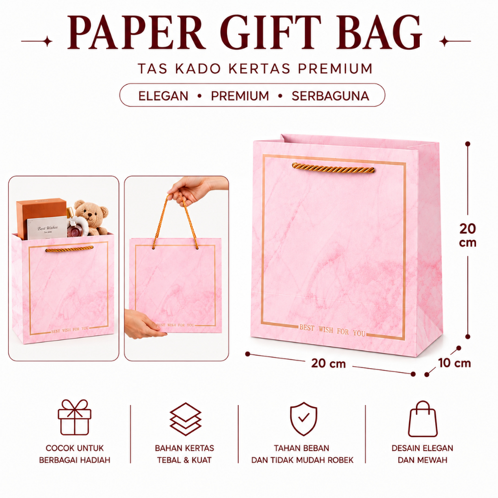 Paper Bag Tas Kado Kertas Motif Marble Pink Elegan Tebal Souvenir Hampers