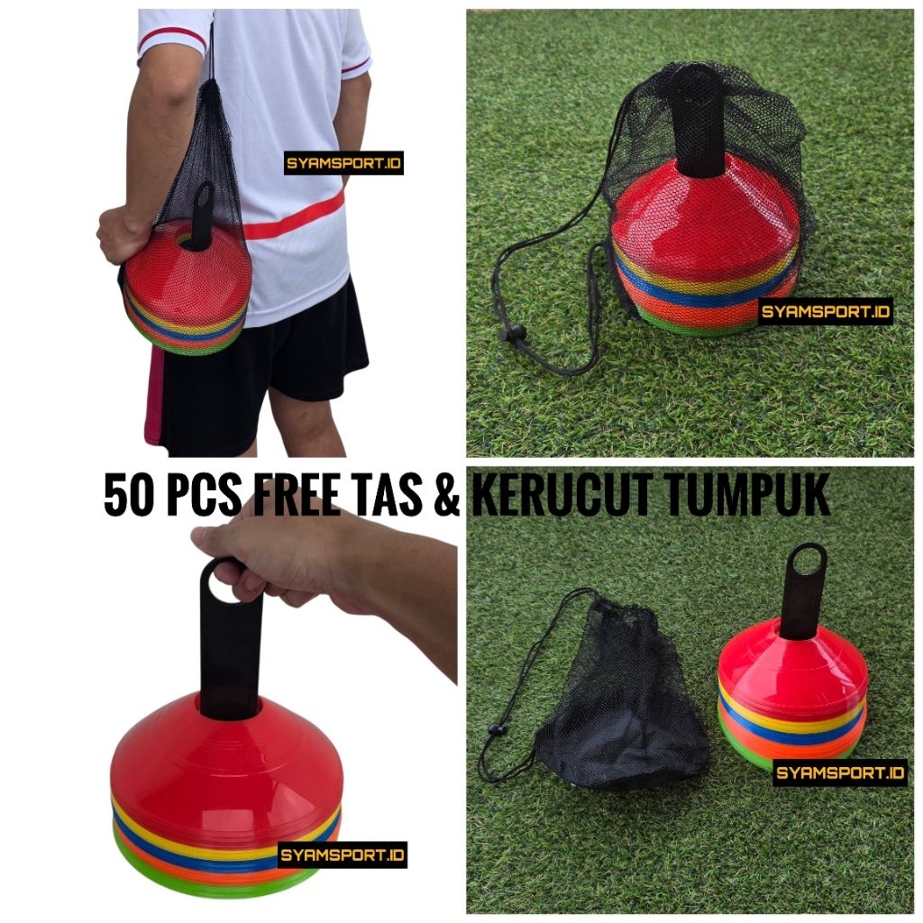 Cone Sepakbola/Futsal 1 set (isi 6-12-50 pcs) MENGKILAP LENTUR ANTI PECAH / Cone Mangkuk Olahraga / 