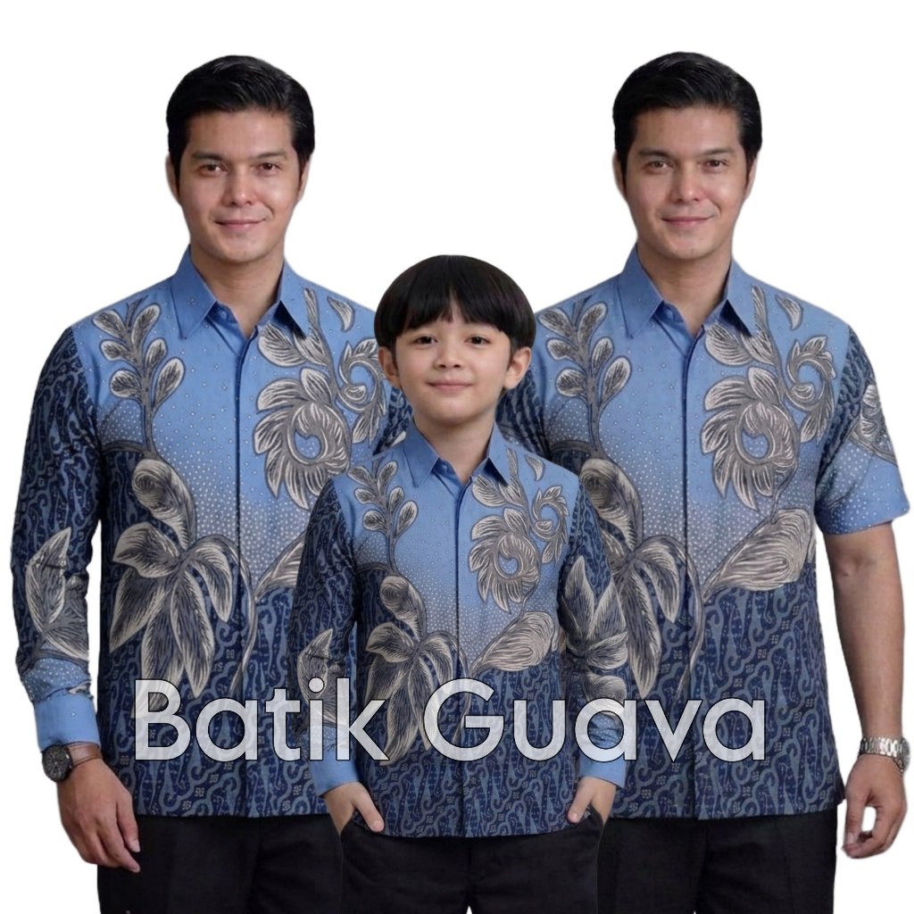 Anggrek Blue - Batik Guava - Batik Couple Ayah dan Anak Laki-laki - Panjang dan Pendek Biru Muda