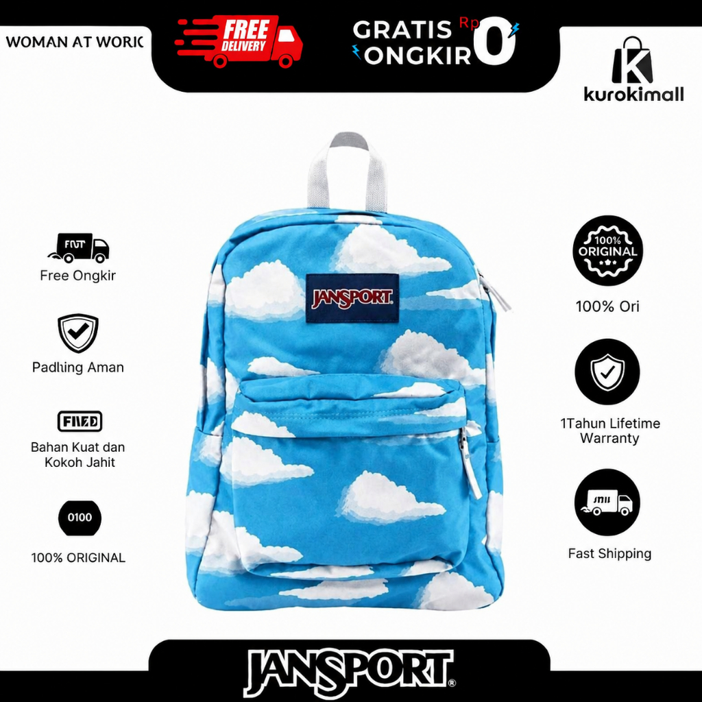 Promo Ransel JS Tas Jansport Motif Awan Biru Tas Keren Pria Wanita Tas Sekolah Anak -Awan Biru