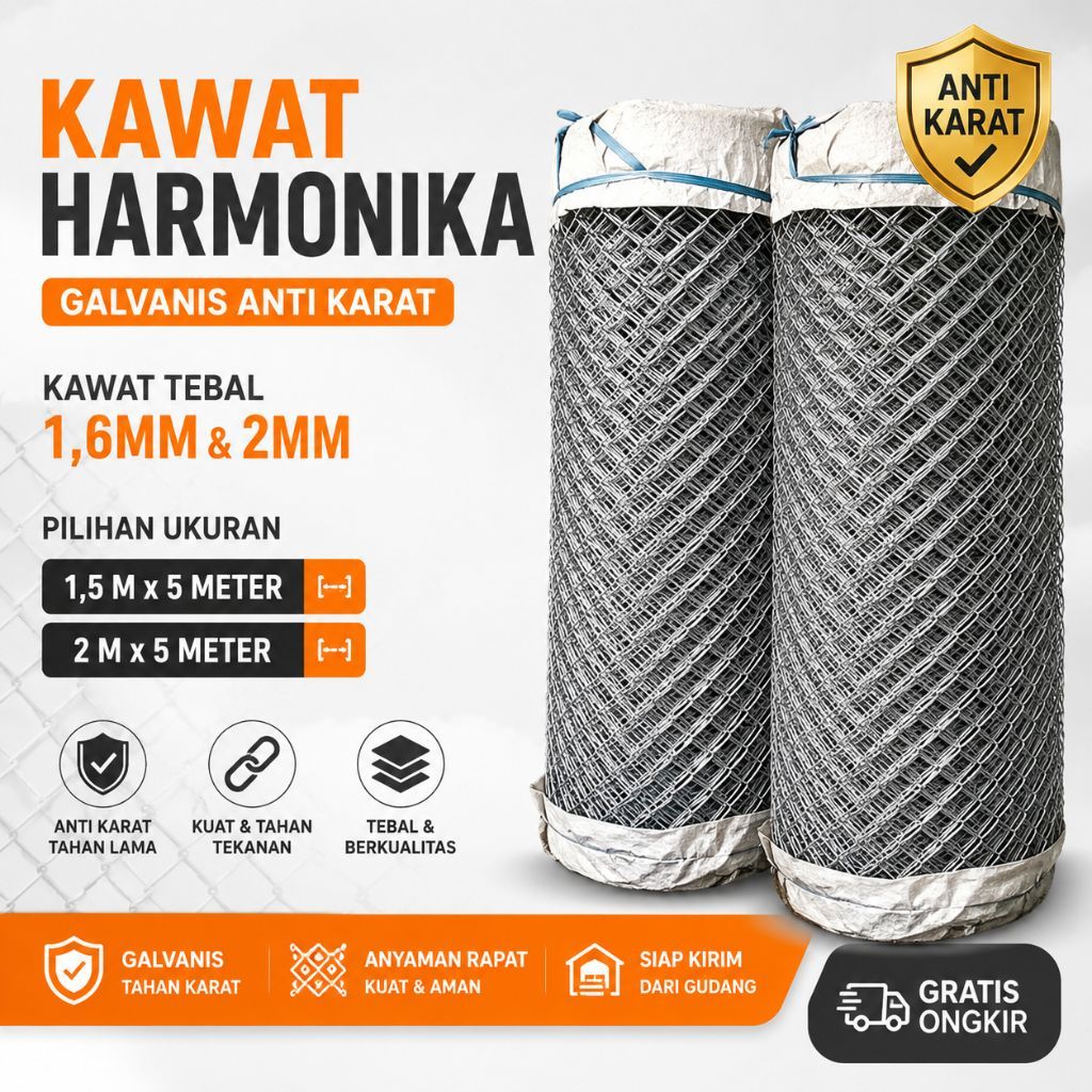 Kawat Harmonika Galvanis Anti Karat Lubangan 5,5x5,5cm Tebal 1,6mm & 2mm Ukuran 1,5x5M / 2x5M Pagar 