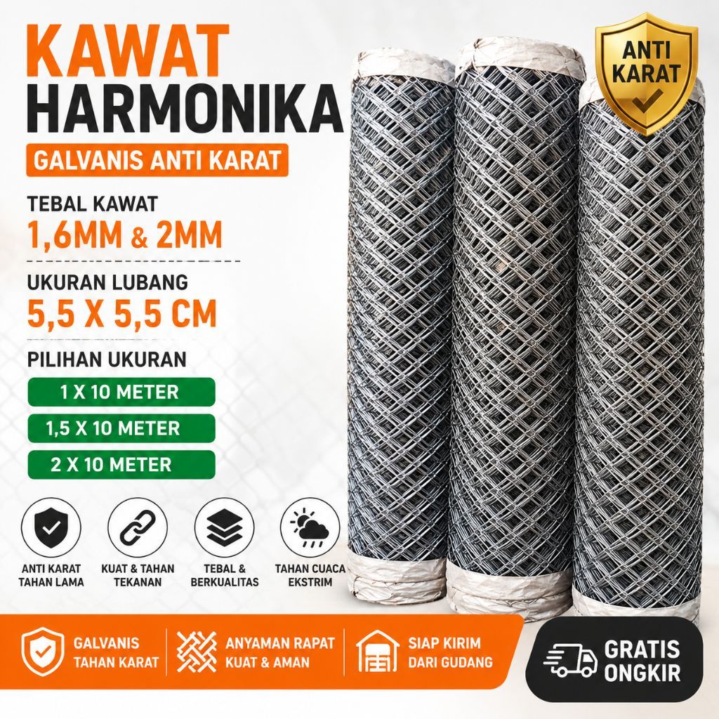 Kawat Harmonika Galvanis Anti Karat Lubangan 5,5x5,5cm Tebal 1,6mm & 2mm Ukuran 1x10Meter / 1,5x10Me