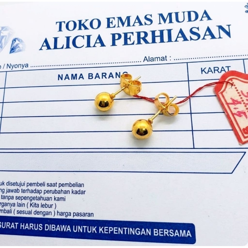 ANTING TUSUK BOLA PERHIASAN WANITA BERLAPIS EMAS MUDA FREE SURAT NOTA DARI TOKO TERLARIS