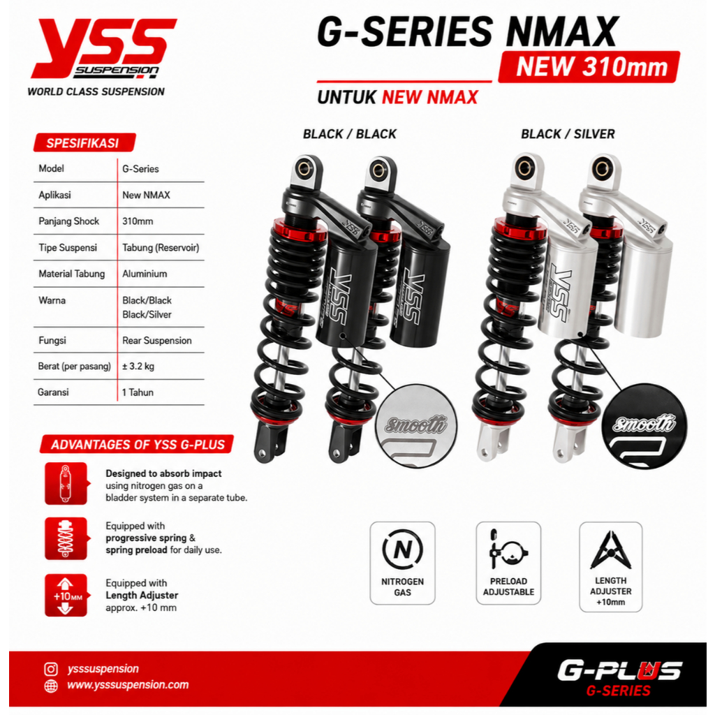 SHOCK YSS Single Shock G-Plus Smooth For YAMAHA NMAX NEW