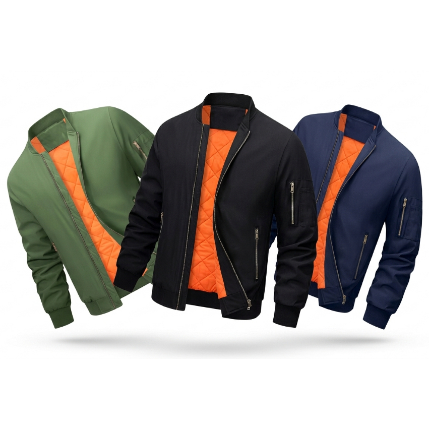Jaket Bomber Pria Kuliting Orange Premium Polos Fashion Casual Outdoor Army Hitam Navy All Size