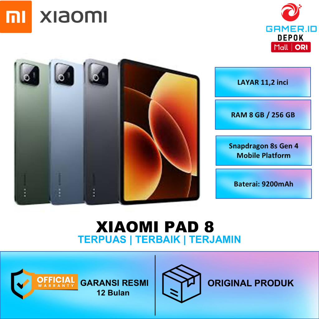 XIAOMI PAD 8 RAM 8GB 256 BATERAI 9200 mAh Snapdragon 8s Gen 4 Mobile Platform