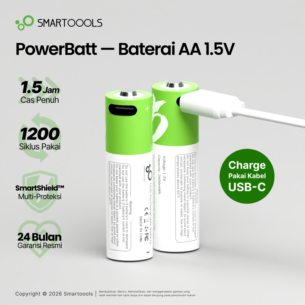 Baterai Cas Isi Ulang Smartoools PowerBatt AA 1.5V Type-C USB Rechargeable Li-Ion Battery Charge