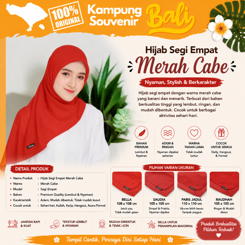 Hijab Segi Empat Merah Cabe Bella Square Raudhah Paris Jadul Saudia Jilbab Bali Kampung Souvenir