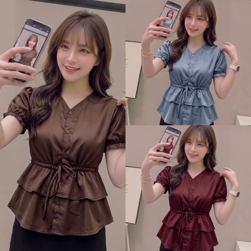 [Queen] Atasan Blouse Sakila Premium / Atasan Wanita Chic Tali Serut / Baju Top Casual Korean Girl