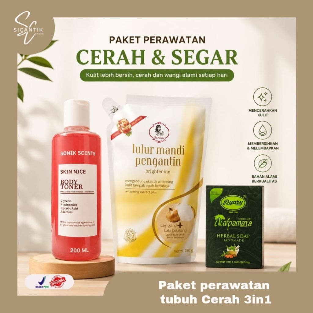Paket Perawatan Tubuh Cerah 3in1 Purbasari Lulur Mandi Pengantin 500 gr Bengkoang + Pyary Nalpamara 