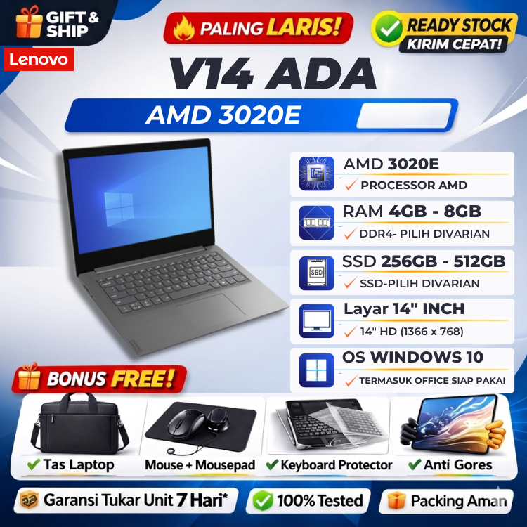LENOVO V14 ADA AMD 3020 8GB 512GB SSD Win10+Office 14"INCH