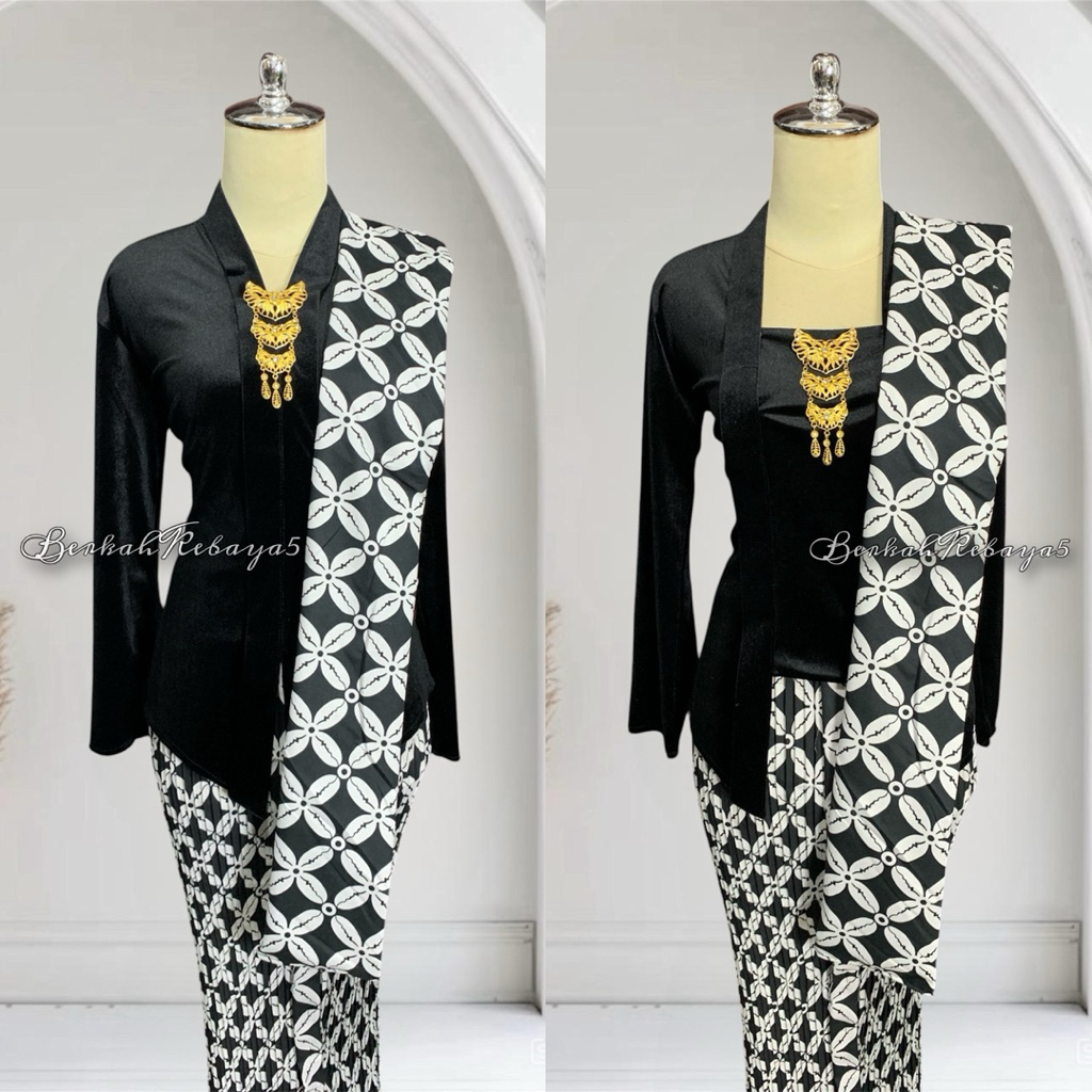 Setelan Kebaya Bludru Warna Hitam / Kebaya + Selendang + Jarik Wiru Plisket Motif Kawung Hitam