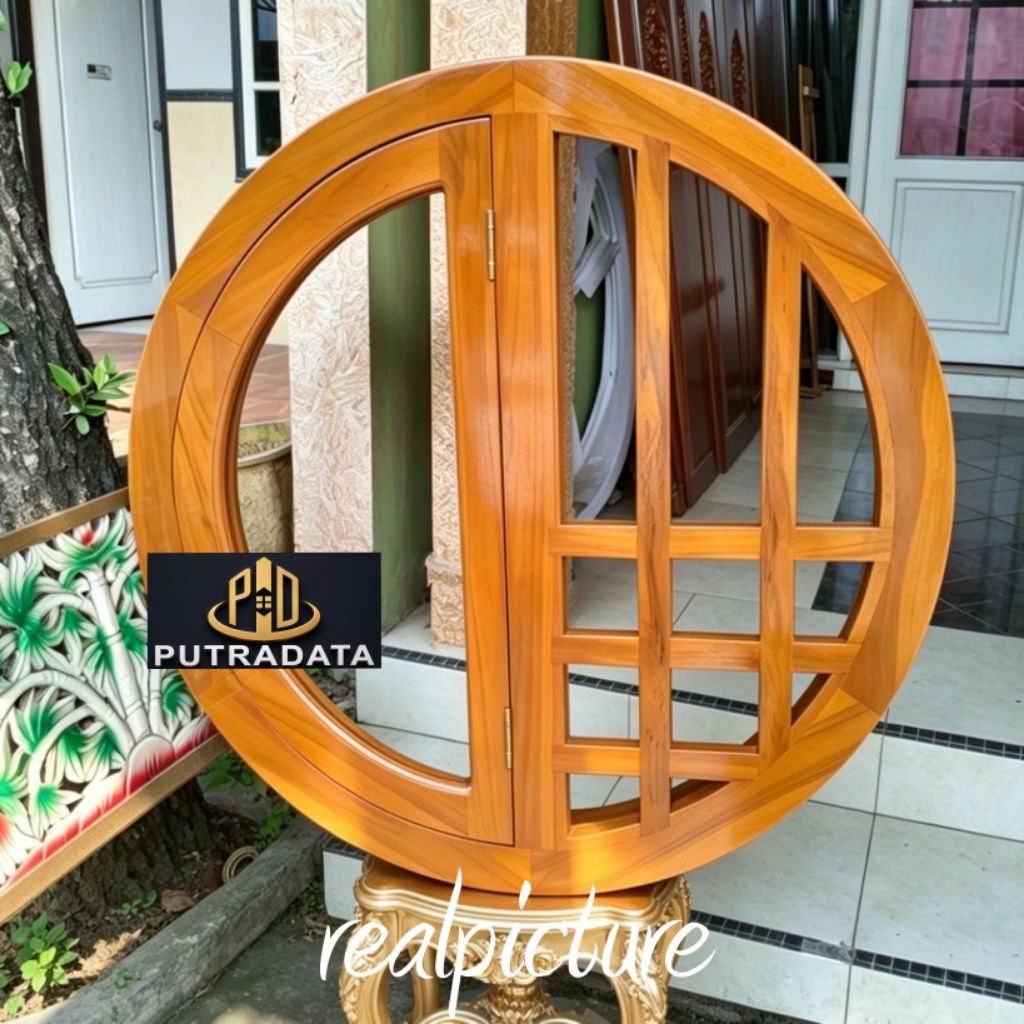 Diameter 120 Cm Jendela Kayu Jati Bulat Buka Sebelah