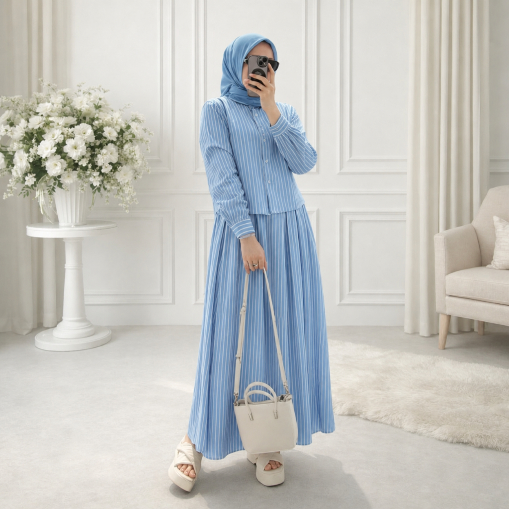 Oneset Salur Wanita Rok dan Kemeja Crop Lengan Panjang A-line