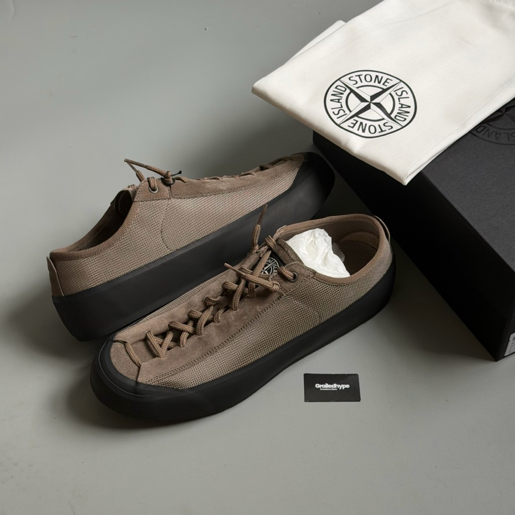 Stone Island Poly Mesh Suede Low Top Trainer Compass Patch Ash Brown