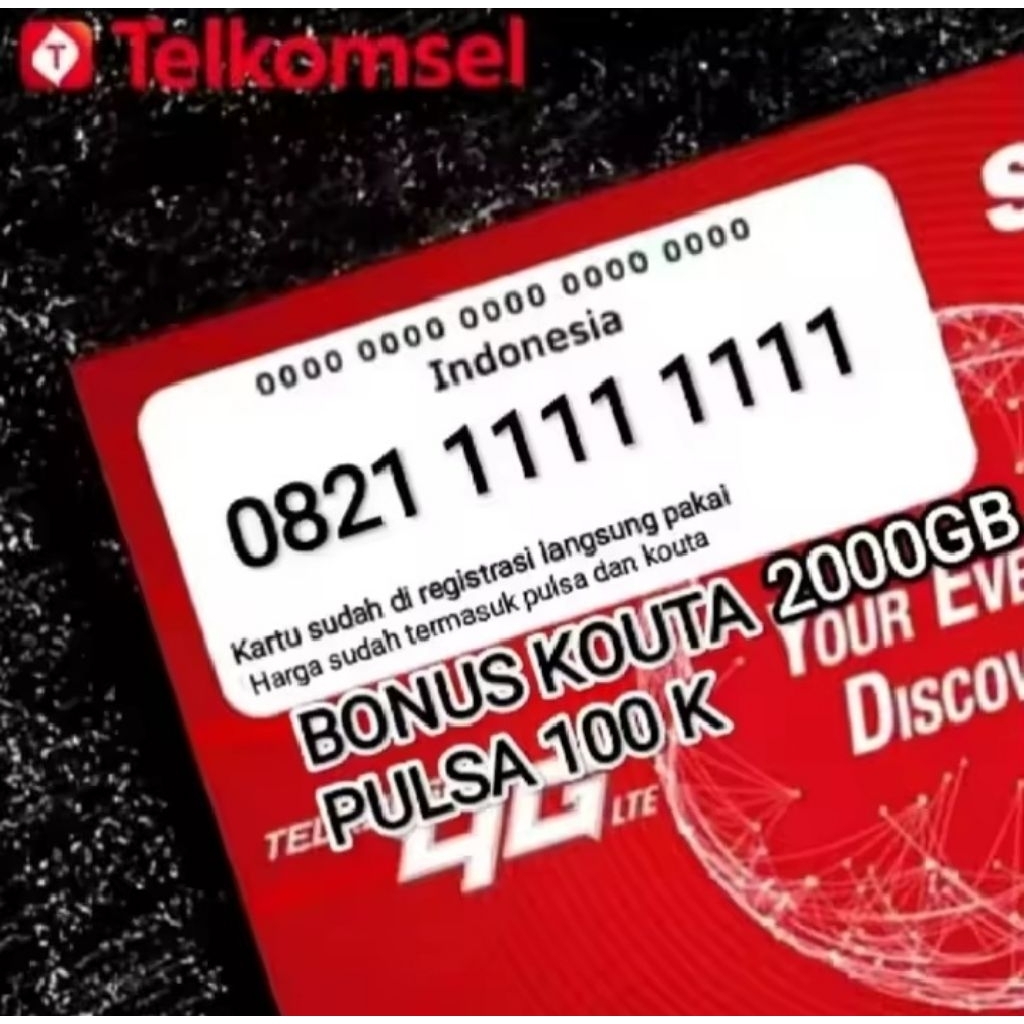 Peromosi kartu cantik Telkomsel 12 digit, bonus KUOTA 2000 GB dan PUSLA 100 K, jaringan 4G/5G