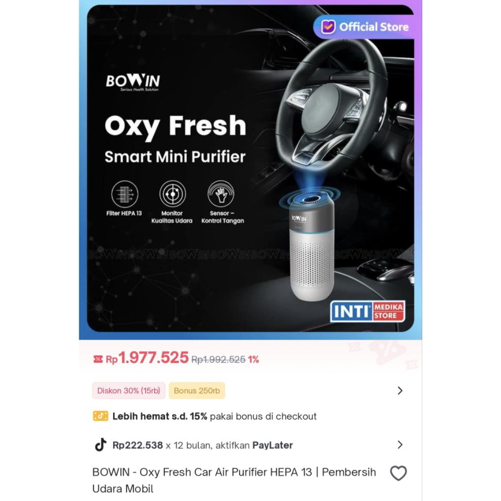 BOWIN - Oxy Fresh Car Air Purifier HEPA 13 | PembersihUdara Mobil