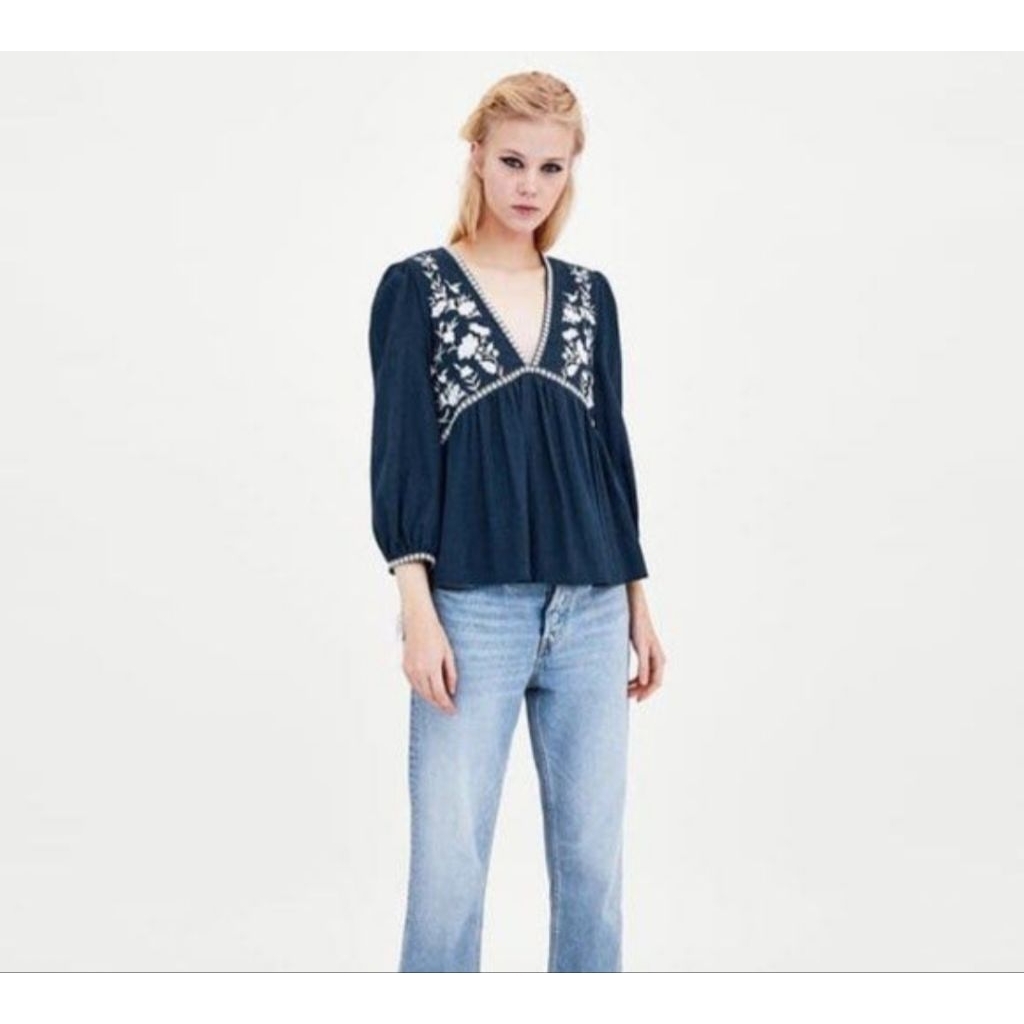 Zara Bohemian Embroidery Boho Blouse Denim Navy
