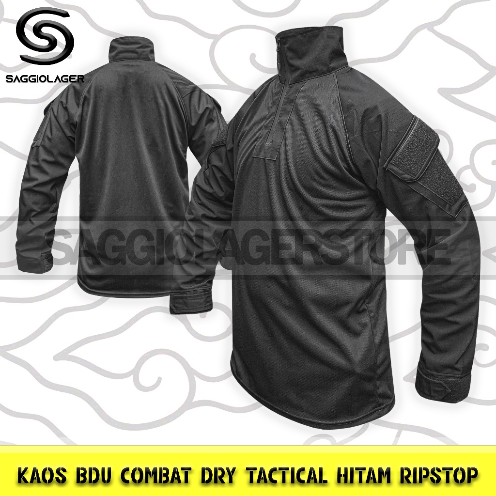 Kaos Tactical Hitam BDU Combat Shirt Dry Fit Ripstop Army Outdoor Kerah Tinggi Lengan Panjang Premiu