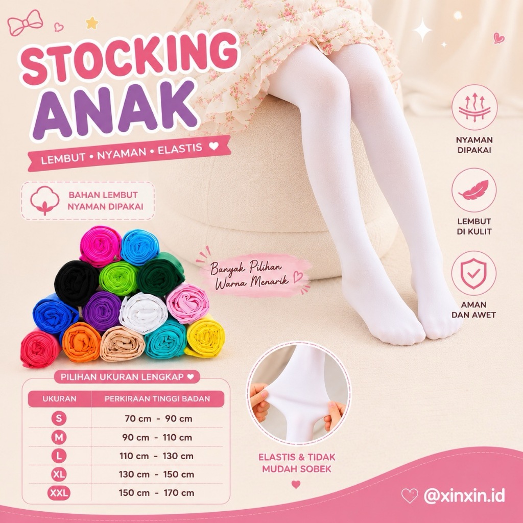 Children PantyHose Stocking Transparan Tipis Sepinggang Usia 3-7 Adem Elastis Warna Kulit Putih Stok