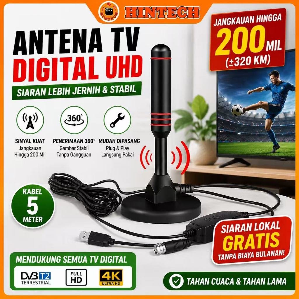 Antena Tv Digital Dvb-T2 Penguat Sinyal Kuat Hd Jernih Banyak Channel Untuk Stb & Tv Digital